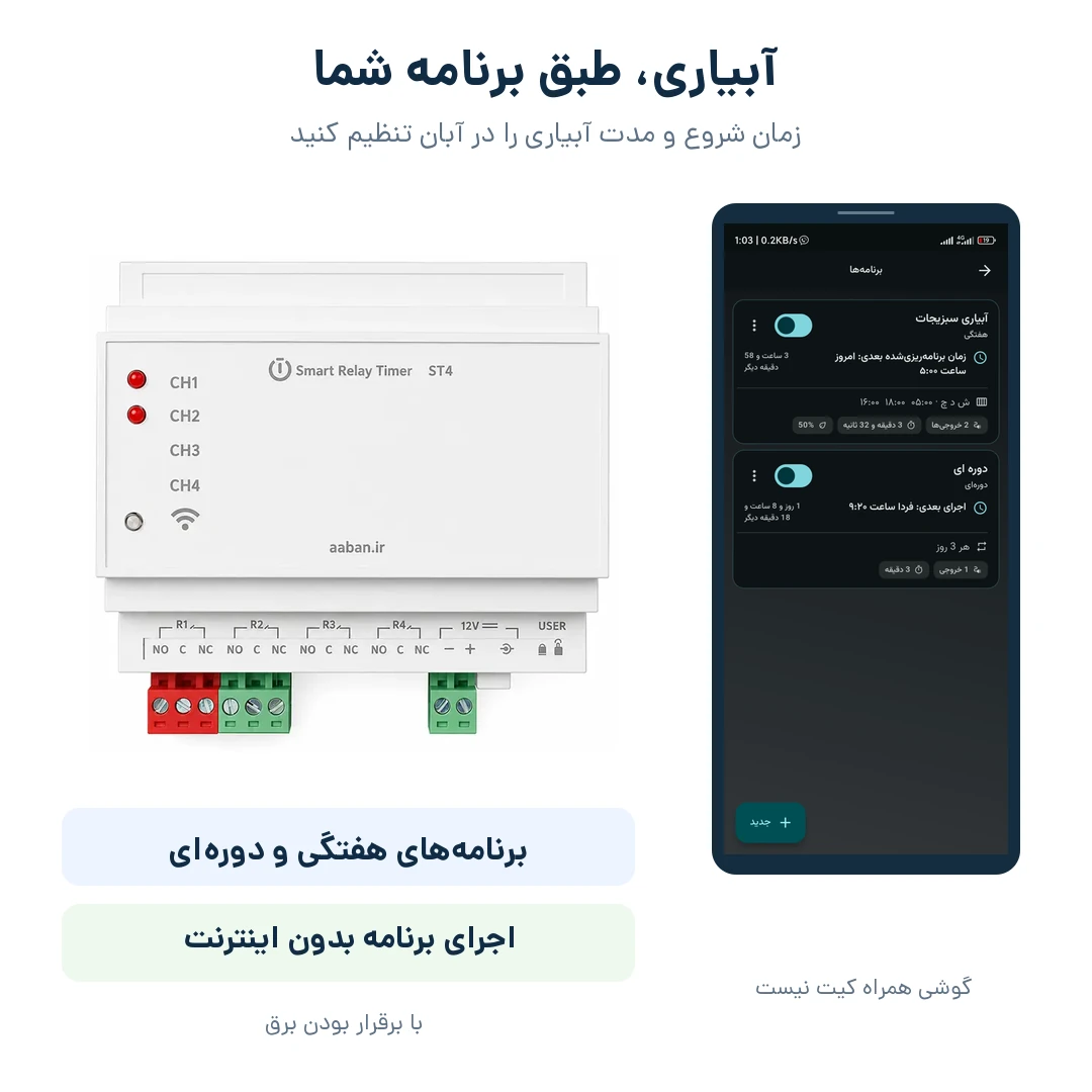 تایمر ST4-2CH کنار صفحه کامل و واقعی برنامههای اپلیکیشن آبان برای زمانبندی هفتگی و دورهای