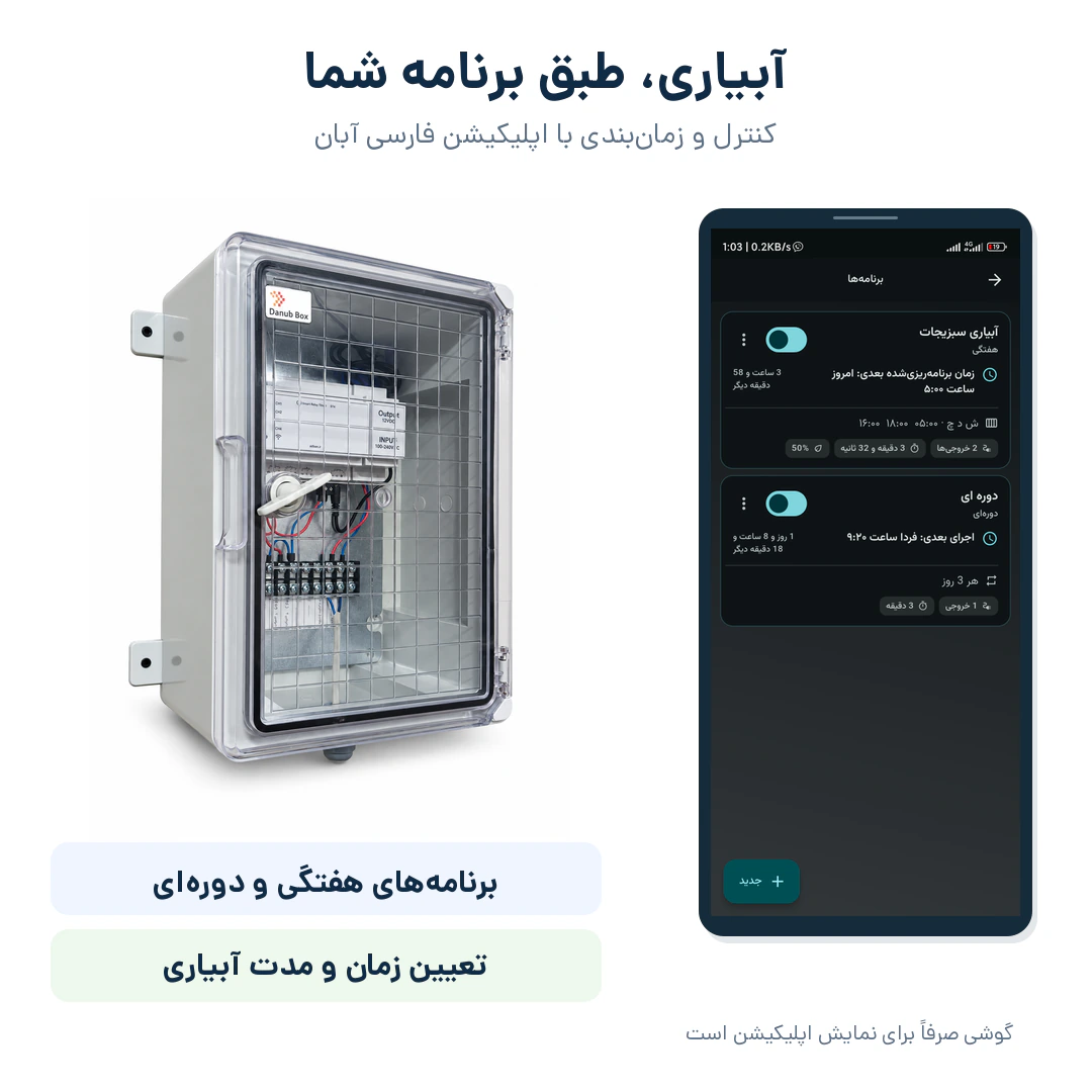 تابلو تایمر دوکاناله آبان کنار اسکرینشات کامل اپلیکیشن برای برنامههای هفتگی و دورهای آبیاری