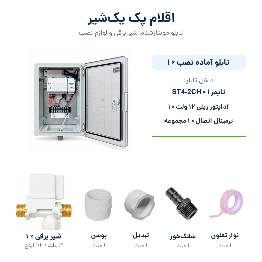 تابلو آماده نصب با تایمر ST4-2CH، آداپتور ریلی و ترمینال به همراه یک شیر برقی و یک عدد از بوشن، تبدیل، شلنگخور و نوار تفلون
