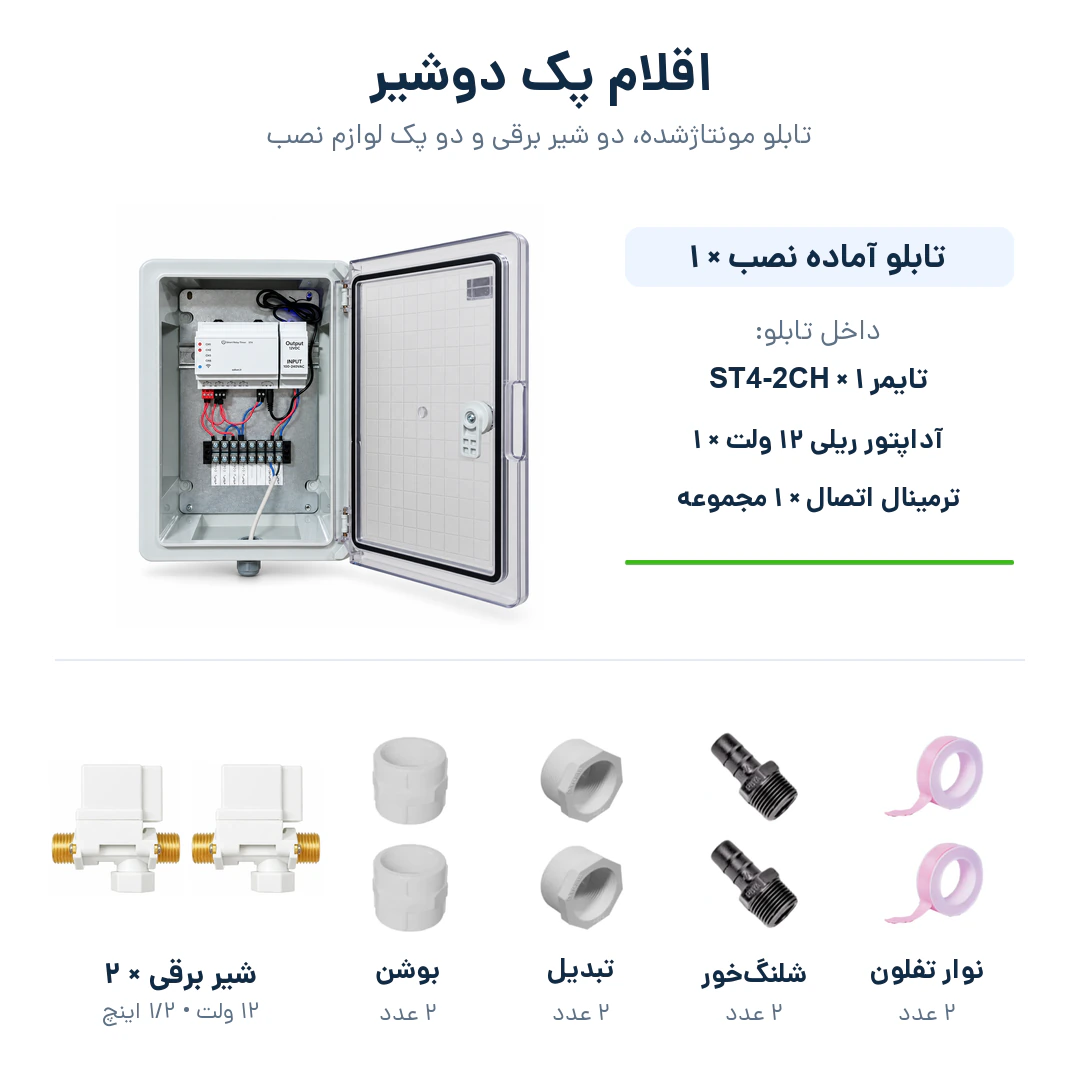 پک دوشیر آماده نصب آبان شامل یک تابلو با تایمر ST4-2CH، آداپتور ریلی و ترمینال، دو شیر برقی ۱۲ ولت نیم اینچ و دو عدد از بوشن، تبدیل، شلنگخور و نوار تفلون