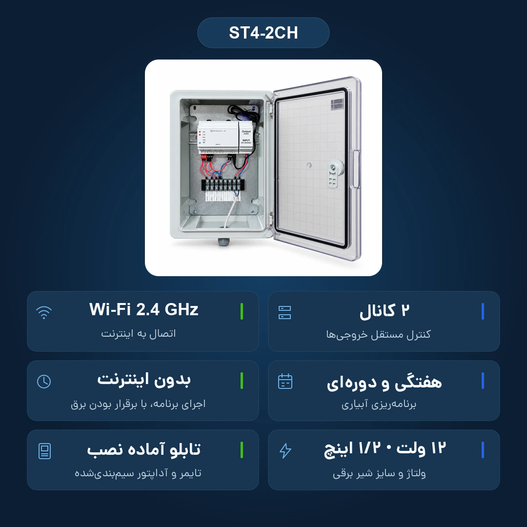 مشخصات پک ST4-2CH با دو کانال، وایفای ۲٫۴ گیگاهرتز، برنامه هفتگی و دورهای، اجرای برنامه بدون اینترنت با وجود برق و شیر ۱۲ ولت نیم اینچ