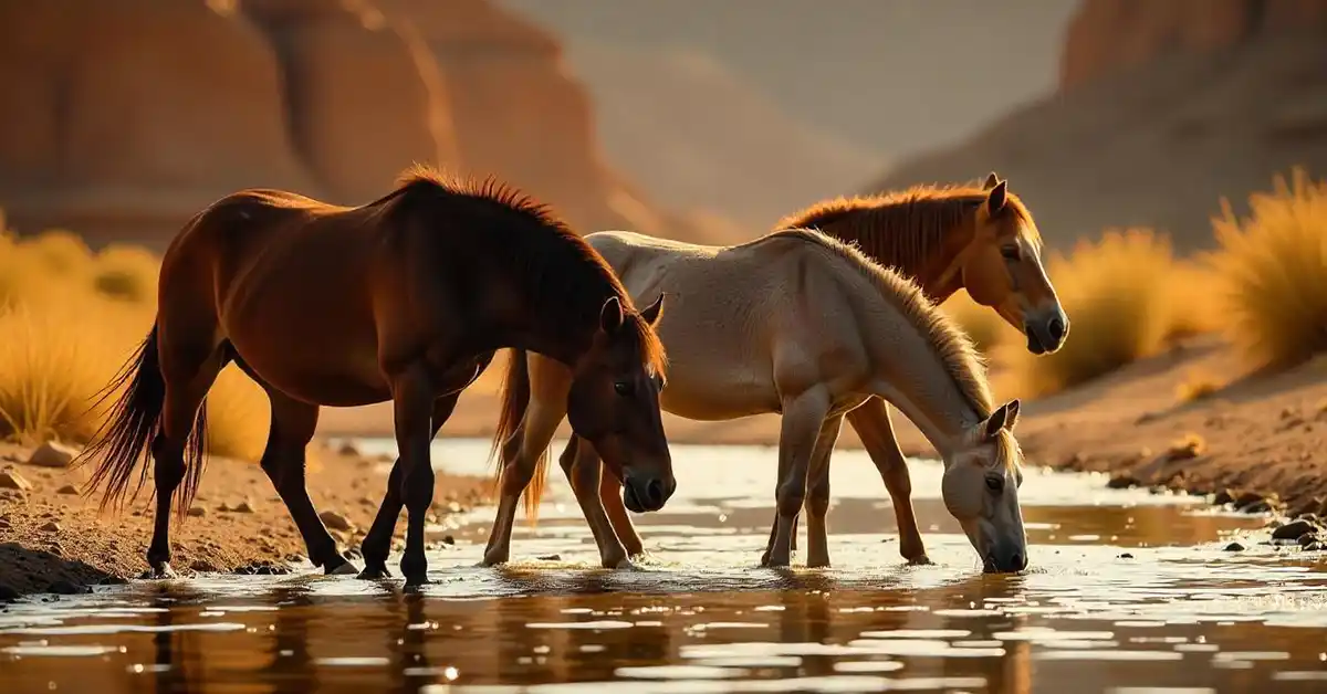 چند اسب در حال نوشیدن آب