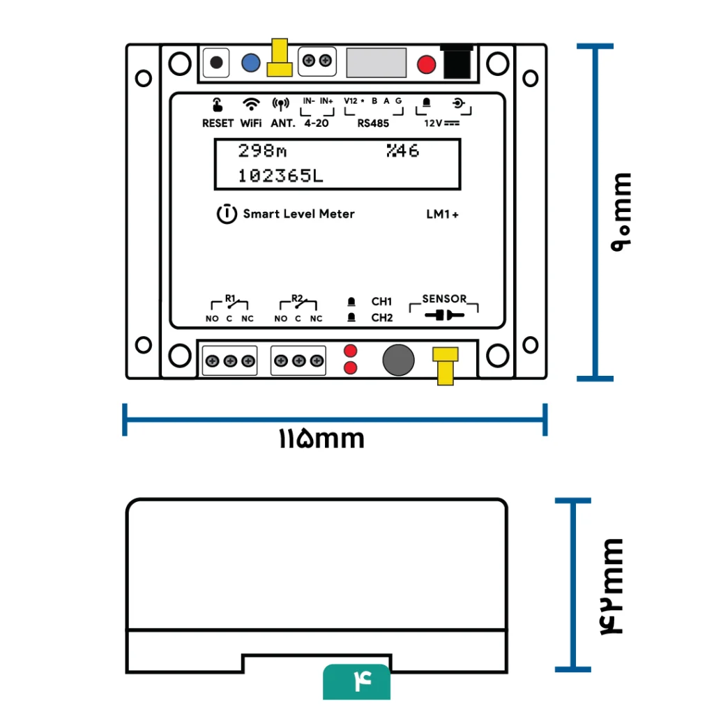 ابعاد دستگاه نمایشگر سطح lm1plus