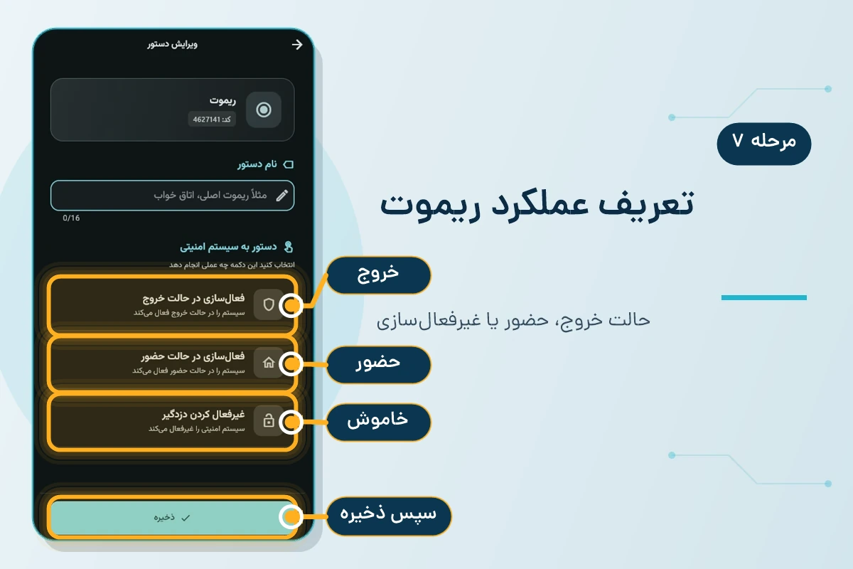 محل انتخاب عملکرد ریموت و دکمه ذخیره در پنل دزدگیر