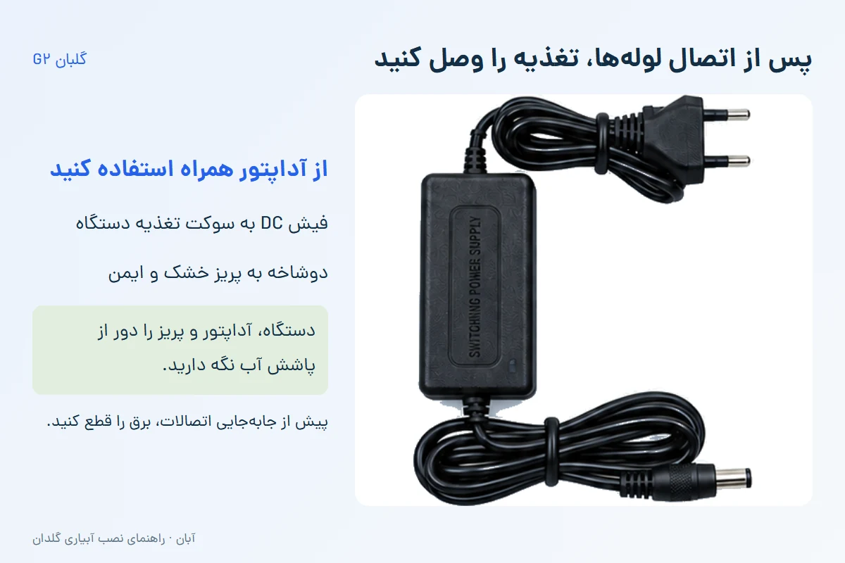 آداپتور واقعی همراه گلبان با کابل برق و فیش DC برای تغذیه دستگاه