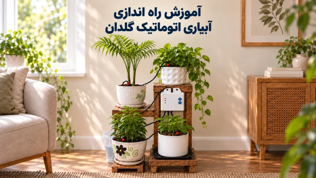 آموزش راه اندازی آبیاری اتوماتیک گلدان؛ دستگاه گلبان روی استند چوبی، چهار گلدان با لوله و قطره‌چکان و سطل آب پشت گلدان