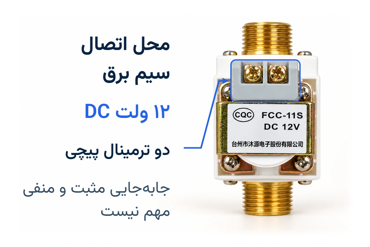 یک فلش به ترمینال دوپیچی شیر برقی ۱۲ ولت DC؛ جابهجایی مثبت و منفی مهم نیست