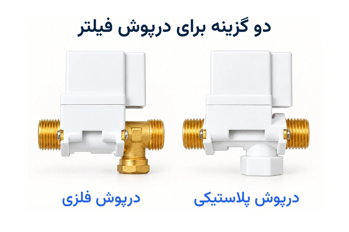 دو گزینهٔ شیر برقی کنار هم: درپوش فلزی در سمت چپ و درپوش پلاستیکی در سمت راست