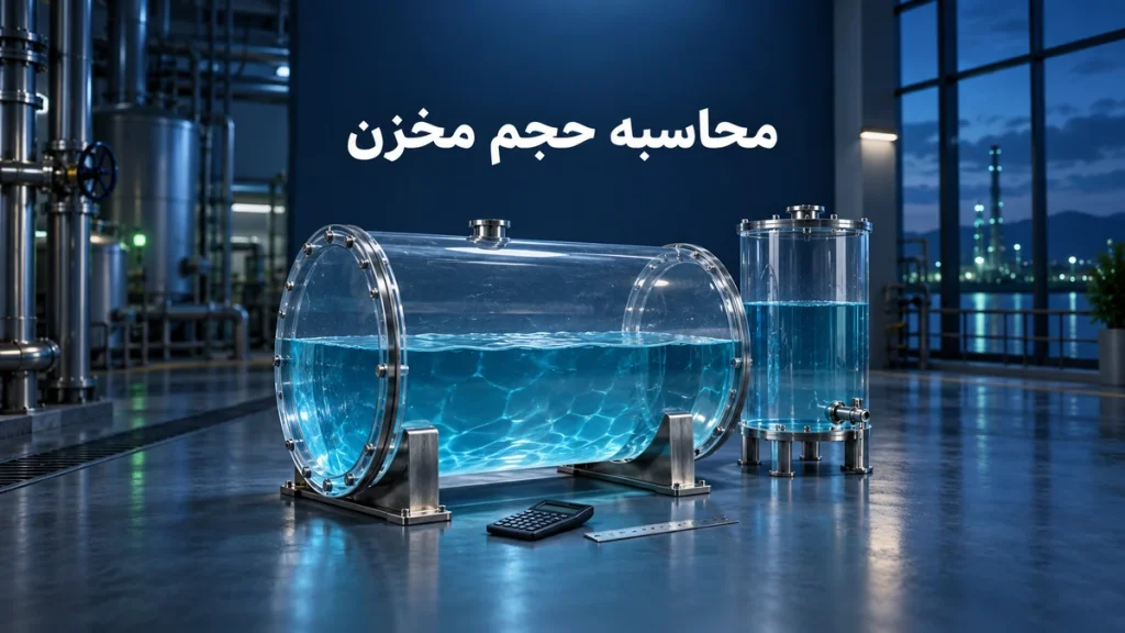 محاسبه حجم مخزن؛ مخزن‌های استوانه‌ای افقی و عمودی نیمه‌پر با آب آبی در فضای صنعتی سرمه‌ای