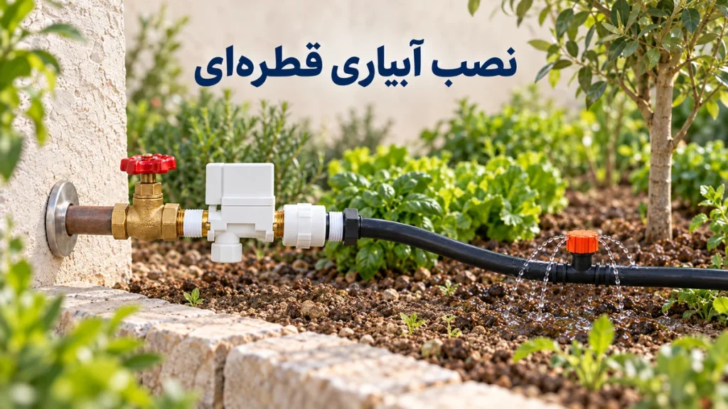نصب آبیاری قطره‌ای باغچه با شیر دستی، شیر برقی سفید نیم‌اینچ، اتصالات خروجی و لوله ۱۶ با قطره‌چکان نارنجی رو به بالا