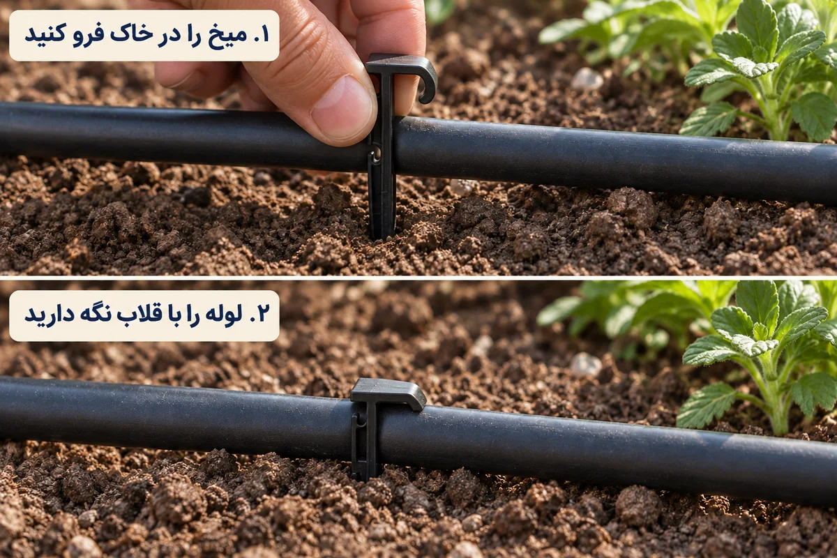 میخ تثبیت مطابق عکس واقعی: ساقه در خاک و قسمت بالای خمیده، چسبیده روی لوله ۱۶ برای نگهداشتن آن